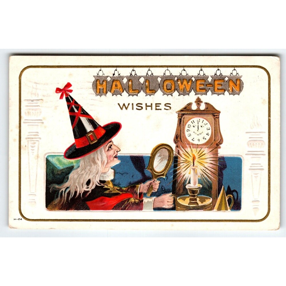 Halloween Postcard Nash Grey Haired Witch Mirror Candle Clock H-24 Embossed 1914